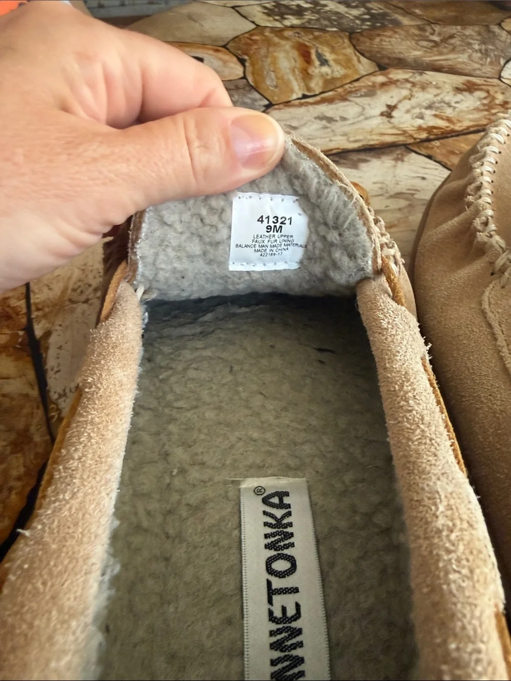 Minnetonka Chestnut Suede Moccasin Slipper with Shearling Lining